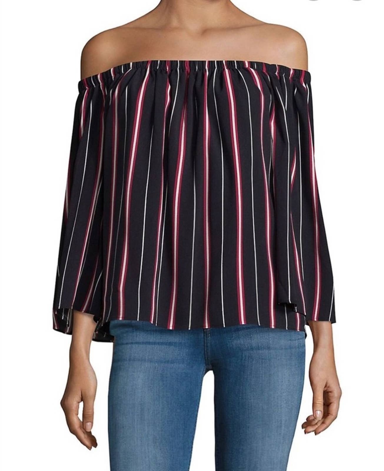 French Connection Navy With Red Stripes Off Shoulder Top Small New